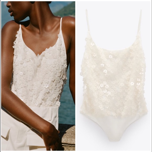 Zara 3D plastic Daisies sequins appliqué off white bodysuit - Picture 2 of 8